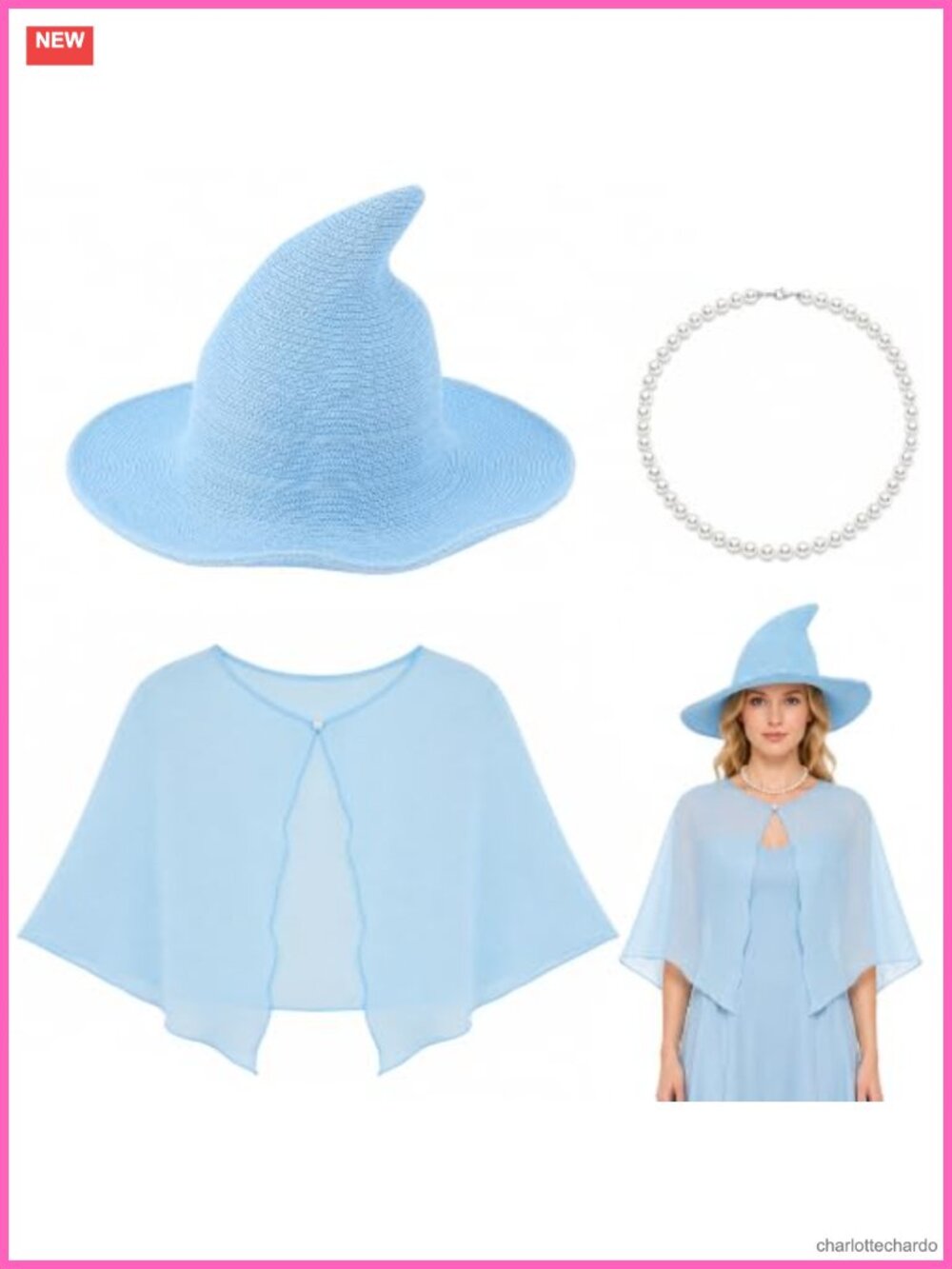 3-Piece Witch Costume Set with Hat Chiffon Cape and Necklace